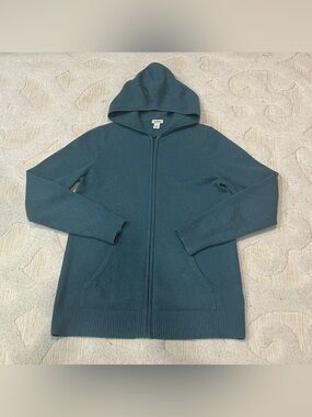 LL Bean Sweater Womens Small Green 100% Cashmere Hooded Full Zip Hoodie Knit